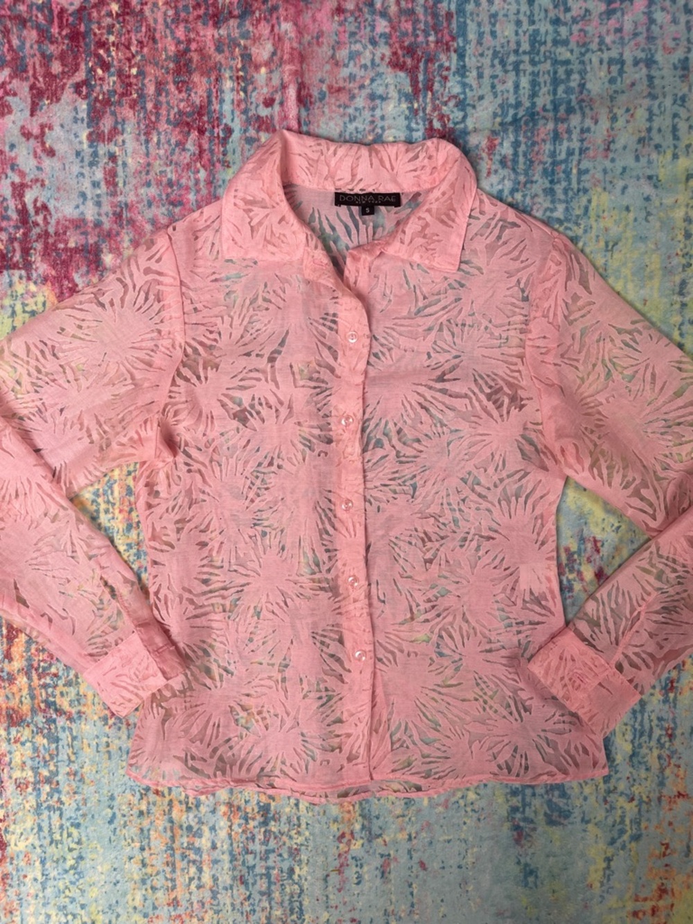 Sheer Donna Rae Pink Lace Button-Down Shirt